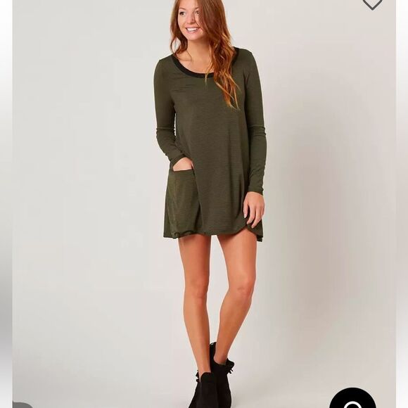 Sea Gypsies Long Sleeve Tunic Dress Olive Green Striped with Pockets Sz. Small - Picture 1 of 10